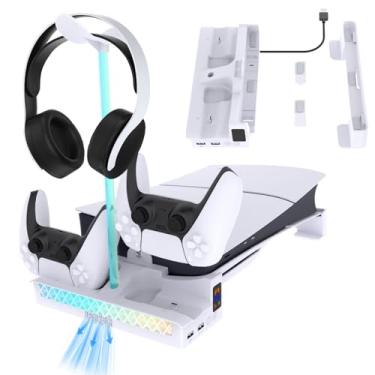 Imagem de Suporte horizontal PS5 Slim/Ps5 Pro com ventilador de resfriamento e carregador de controle PS5 compatível com console PlayStation 5, estação de resfriamento com luz RGB, controle duplo, carregamento