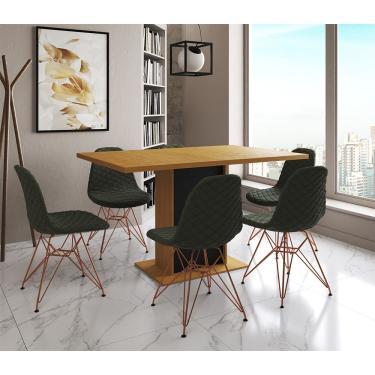 Imagem de Mesa Jantar Londres Retangular Canela 137X90 Base Preta 6 Cadeiras Estofadas Verde Base...