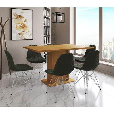 Imagem de Mesa Jantar Londres Retangular Canela 137X90Cm 6 Cadeiras Estofadas Verde Ferro Branco