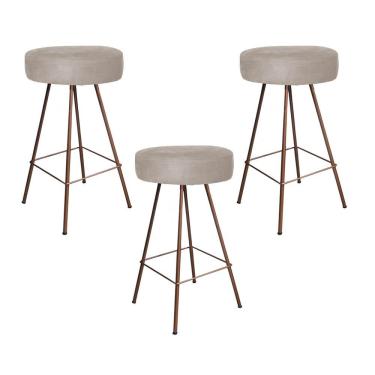 Imagem de Kit 03 Banqueta Alta Laisa Industrial Redonda Ferro Bronze Suede Bege - Amey Decor
