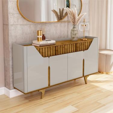 Imagem de Aparador Buffet Portas Em Mdf Ripado Real Pés De Madeira Maciça Danúbio Off-white-naturalle