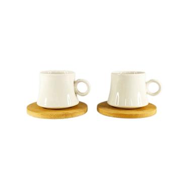 Imagem de Conjunto De Xícaras Brancas De Porcelana E Pires De Bambu Wicy