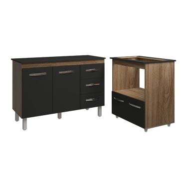 Imagem de Balcão Armário Gabinete Bruna 118 Cm Preto Com Tampo Preto E Balcão Evelyn Para Cooktop 5 Bocas Preto