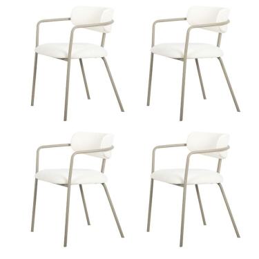 Imagem de Kit 4 Cadeiras Girona Com Braços Fratini Encosto Assento Tecido Nude Bouclé Estrutura Aço Champagne