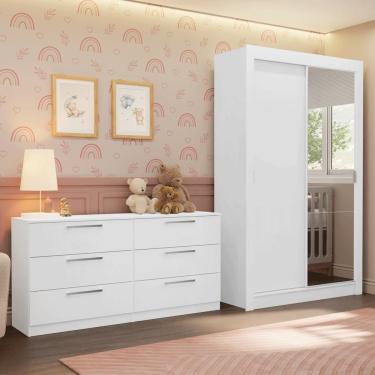 Imagem de Kit Guarda-roupa Infantil Milano 2 Portas De Correr Com Espelho + Cômoda Branco Madesa Branco