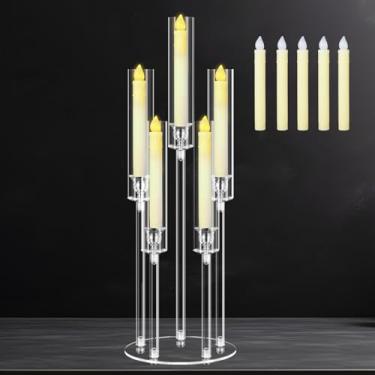 Imagem de Cheloment Candelabro de acrílico de 5 braços para mesas, suporte de vela transparente de 68 cm para jantar de casamento e decoração de casa, castiçal com velas de LED