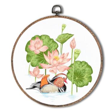 Imagem de Tzhim Arte de parede redonda de flor de lótus, decoração de parede redonda floral de lótus chinoiserie vintage emoldurada, esculturas de parede de tela de pássaro retrô para decoração de casa, quarto