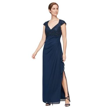 Imagem de Alex Evenings Vestido longo feminino com corpete de lantejoulas e cintura império, Renda com fio azul-marinho, 46