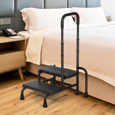 Imagem de CRUDATE Banco Degrau Com Alça, Bancos De 2 Degraus, Corrimão Ajustável E Plataforma Antiderrapante Para Crianças, Adultos Idosos, Suporta Até 180 Kg (Pés Cama, Cozinha, Cabeceira, Trailer, Carro, Ba
