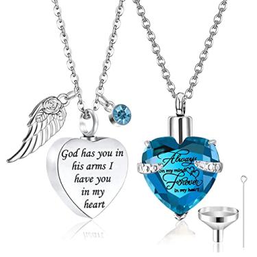 Imagem de WEIKUI Colar com pingente de pedra do mês de nascimento em 12 cores, joia de cristal com asas de anjo, urna de cremação de aço inoxidável, joia em forma de coração, joia memorial - Always in my heart - 2 peças, Metal, Sem pedras preciosas