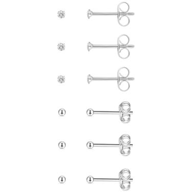 Imagem de Conjunto de 6 pares de brincos de aço cirúrgico hipoalergênicos de 2 mm/3 mm, 20G 14K com enchimento de ouro real para furos múltiplos (zircônia cúbica, pérola, bola), Small, Metal, Zircônia cúbica