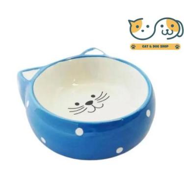 Imagem de Comedouro De Porcelana Cat Face Azul/Vermelho 200ml - The Pets Brasil