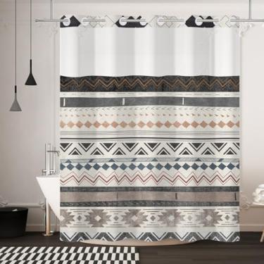 Imagem de Yanutan Cortina de chuveiro bege boêmia sem gancho, cortina de chuveiro de camada dupla com forro de encaixe e pesos, cortina de banho de tecido estilo nacional com malha transparente, 180 x 188 cm
