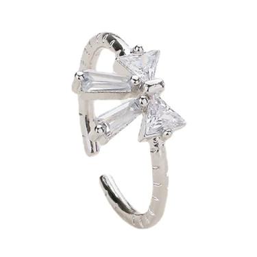 Imagem de Anel feminino de compromisso com laço de zircônia cúbica banhado a prata ajustável cristal transparente laço gravado aberto envoltório anel de dedo ajuste confortável moda casamento noivado joias