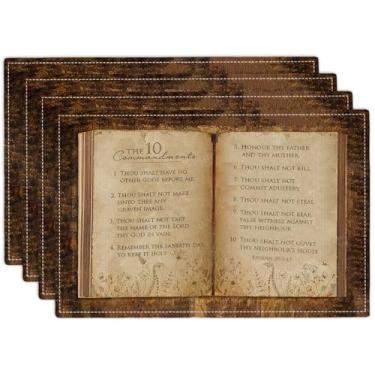 Imagem de Jogo americano com 10 mandamentos, conjunto de 4 tapetes de mesa com dez mandamentos, decoração cristã, religiosa, imitação de linho, toalha de mesa térmica para jantar, cozinha, festa, restaurantes