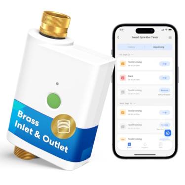 Imagem de meross Temporizador de mangueira de água WiFi, temporizador de irrigação inteligente com entrada e saída de latão, funciona com Apple Homekit, Alexa e Google Assistant, válvula de água para gramado