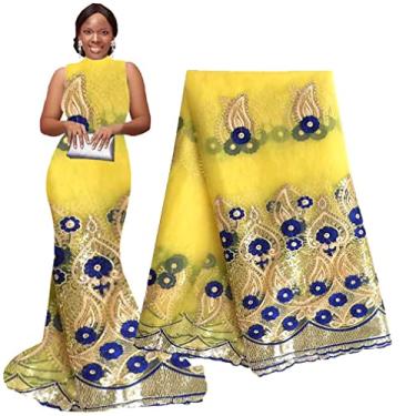 Imagem de WorthSJLH Tecido De Renda Africana 5 Jardas Tecido De Renda De Lantejoulas Nigerianas 2023 Tecido De Renda De Casamento Francês De Sequência Bordada Bb614 (Amarelo)