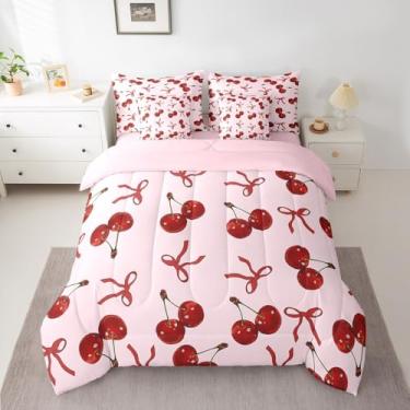 Imagem de Feelyou Conjunto de cama casal de 7 peças com laço de cereja rosa e laço de seda em uma bolsa, com estampa de princesa e gravata borboleta e lençol de microfibra macia