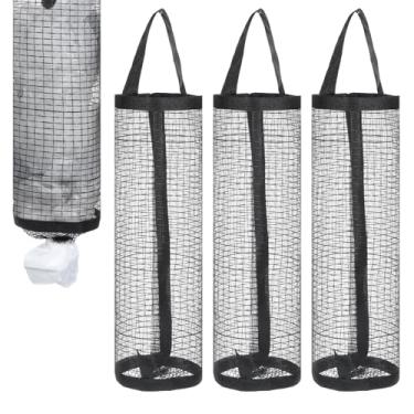 Imagem de Hpmjz 4 peças de suporte de saco de plástico preto organizador de sacola de compras de malha sacos de armazenamento pendurados reciclagem de lixo dobrável reutilizável bolso de suporte de lixo preto