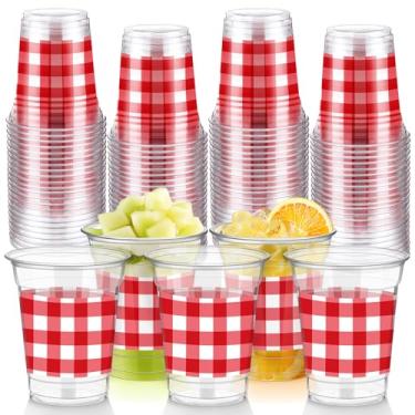 Imagem de Cinrobiye 50 peças de copos de festa para churrasco 340 g copo de plástico descartável a granel copos xadrez vermelhos e brancos para churrasco tema piquenique feriado aniversário casamento noiva chá