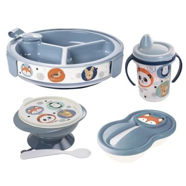 Imagem de Kit Alimentação Bebê 4 Peças, Prato Térmico com Ventosa, Tigela 240ml, Pote Papinha 320ml, Caneca 330ml, Tema Bichinhos