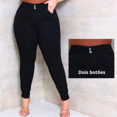Imagem de Calça Skinny Cigarrete Plus Size preta jeans cintura alta com lycra e 