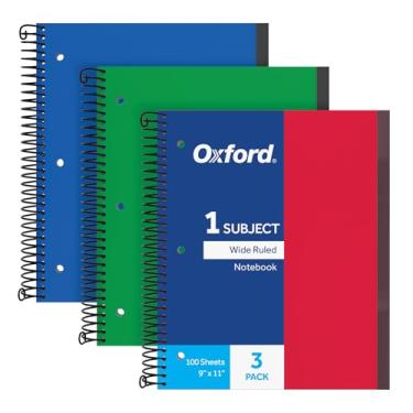 Imagem de Oxford Caderno espiral, pacote com 3, 1 assunto, pauta ampla, capas de plástico duráveis, bobina forte, 1 bolso, 21 x 28 cm, 100 folhas, vermelho, verde, azul (89802), Multicor