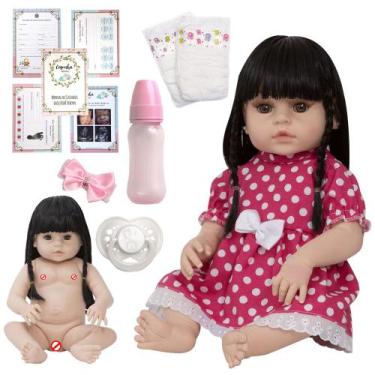 Imagem de Bebe Reborn Morena 100% Silicone Cabelo Longo Vestido Rosa - Cegonha R