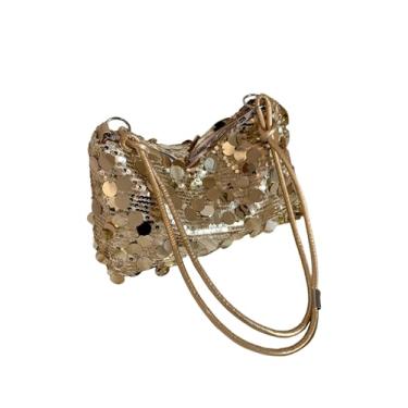 Imagem de GORGLITTER Bolsa feminina de lantejoulas metálicas quadrada Hobo Bolsa de ombro com alça de nó brilhante, Dourado, One Size, Macio
