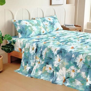 Imagem de MCO Jogo de lençol 100% algodão estampado floral, conjunto de lençóis Queen de algodão 300 fios, bolso profundo de 40,6 cm, lençóis de resfriamento respiráveis, 4 peças (Queen, margarida)