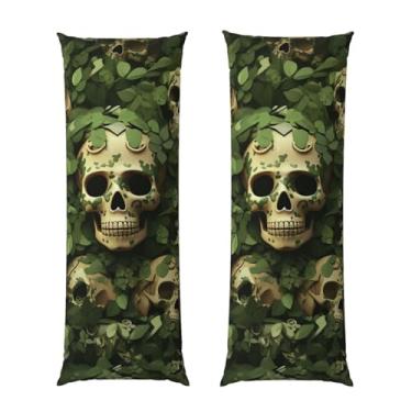 Imagem de Capa de travesseiro corporal com zíper oculto, fronha longa de microfibra macia e respirável para travesseiro corporal, fundo verde, caveiras e folhas, capa de travesseiro para cama de presente de