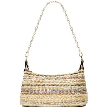 Imagem de CROJUYI Bolsa de ombro de palha feminina macia pequena bolsa de ombro de tecido, bolsa de praia de palha para o verão, Z cáqui/tiras marrons, Small, Bolsa de ombro feminina de tecido de palha