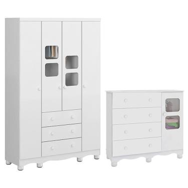 Imagem de Jogo De Quarto Infantil Uli Guarda Roupa 4 Portas E Cômoda Branco Brilho - Móveis Peroba