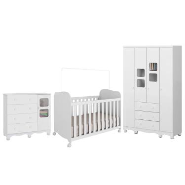 Imagem de Dormitório Infantil Uli Guarda Roupa 4 Portas, Cômoda E Berço Branco Brilho - Móveis Peroba