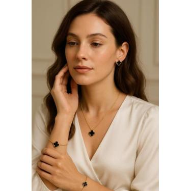 Imagem de Colar Trevo banhado a ouro 18k - Genérica, Preto