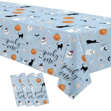 Imagem de HYOWCHI Spooky One Toalha de mesa para decoração de aniversário de Halloween, pacote com 3, descartável, azul, fantasma, para festa de aniversário, 137 x 274 cm