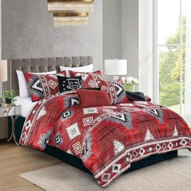 Imagem de WPM WORLD PRODUCTS MART Conjunto de edredom de veludo macio borgonha ocidental de 7 peças com design asteca vermelho bordô, travesseiros decorativos, fronhas e saia para cama (Queen)