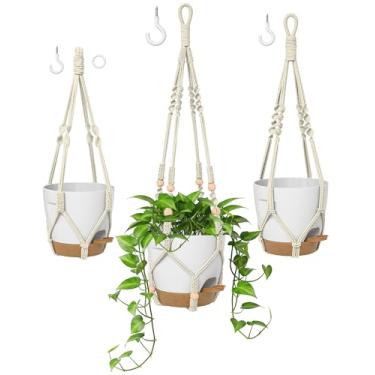 Imagem de Cabides de macramê para uso interno e externo, conjunto de 3 suportes de vasos de plantas suspensos com ganchos, corda de algodão marfim, sem borlas, serve para vasos de 15 a 25 cm, comprimentos de