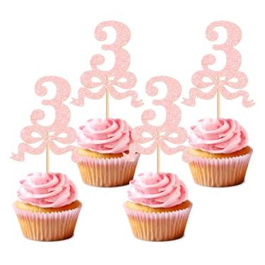 Imagem de 24pcs 3th Bow Cupcake Toppers Birthday Bowknot Ribbons Coquette Brown Bow High Footed Cup Balloon Wall Party Decorations Bridal Cake Dessert Picks Baby Girl Boy Wedding Party Supplies