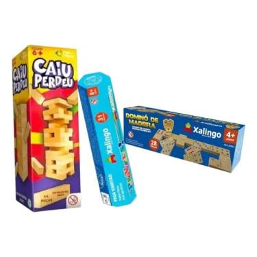 Imagem de Kit de Jogos em Madeira, Caiu Perdeu, Dominó e Pega Vareta, 3 Jogos Clássicos