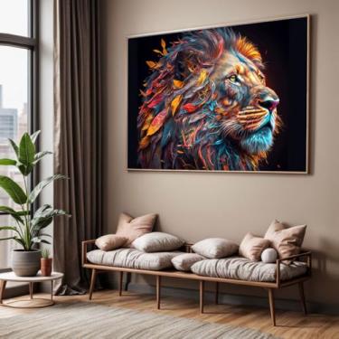 Imagem de Quadro com Moldura Sala Quarto Leão Luxo Lindo Arte Colorida Decorativo Horizontal Grande Hall