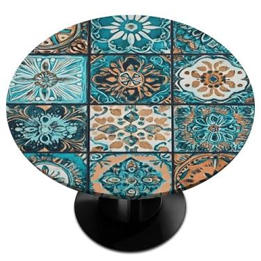 Imagem de cfpolar Toalha de mesa redonda com borda elástica, toalha de mesa xadrez tribal retrô, lavável, toalha de mesa de poliéster para cozinha, jantar, festa, casamento, férias, serve para mesa redonda de