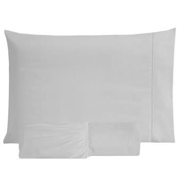 Imagem de Jogo Lençol 100% Algodão 200 Fios C/Elástico Fronhas Ponto Palito Antialérgico (Cinza, Solteiro)