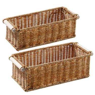 Imagem de Cesta de armazenamento de vime, 2 peças de cesta de tecido de plástico com alça de madeira, organizador fácil de limpar para cozinha, banheiro, sala de estar