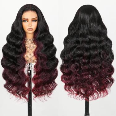 Imagem de TESLAL Peruca 1B/99J Destaque Borgonha Wear and Go Glueless 260% Densidade Pré-cortada HD Lace 15 x 15 Perucas de Renda 71 cm Ondulado Corpo Premium Fibra e Cabelo Humano Peruca Mistura por Crafted