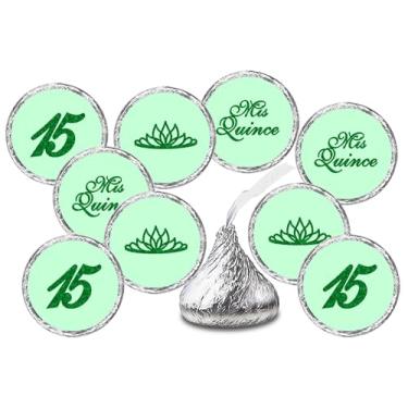 Imagem de Adesivos de beijos verdes de aniversário Mis Quince (conjunto de 216), etiquetas de gotas de chocolate de quinze anos, 15 lembrancinhas de decoração de festa para beijos
