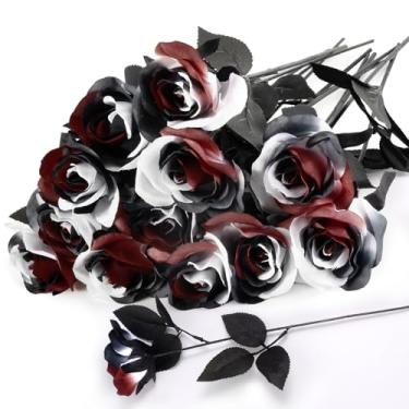 Imagem de SWSTINLING 12 peças de rosas artificiais tinto vinho preto - 38,9 cm flores de seda tricolor sintética de Halloween com hastes dobráveis para casamento gótico, centro de mesa assustador de festa de