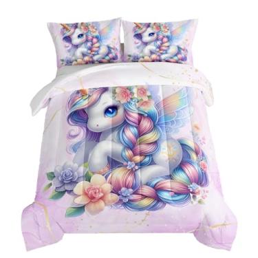 Imagem de HOSIMA Conjunto de edredom completo de unicórnio para decoração de quarto de menina adolescente, unicórnio kawaii com asas cercado por flores, roupa de cama fofa para princesa, com 2 fronhas.