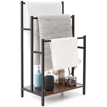 Imagem de Toalheiro independente para banheiro, suporte de escada de cobertor de 3 níveis, prateleira de secagem de toalhas e expositor com prateleira, suporte de cobertor de metal, fazenda rústica marrom e