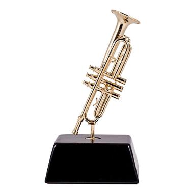 Imagem de Broadway Presente Trompete Dourado Miniatura Instrumento Musical Estatueta Decorativa no Pedestal, 15 cm